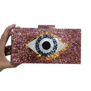 Y2K Evil Eye Glitter Acrylic Clutch Pink OS Maximalist Party Bag Hard Shell Boho